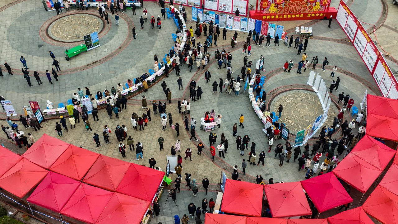 Aerial photo shows a job fair held in Zigui, central China's Hubei Province, Feb. 8, 2022.