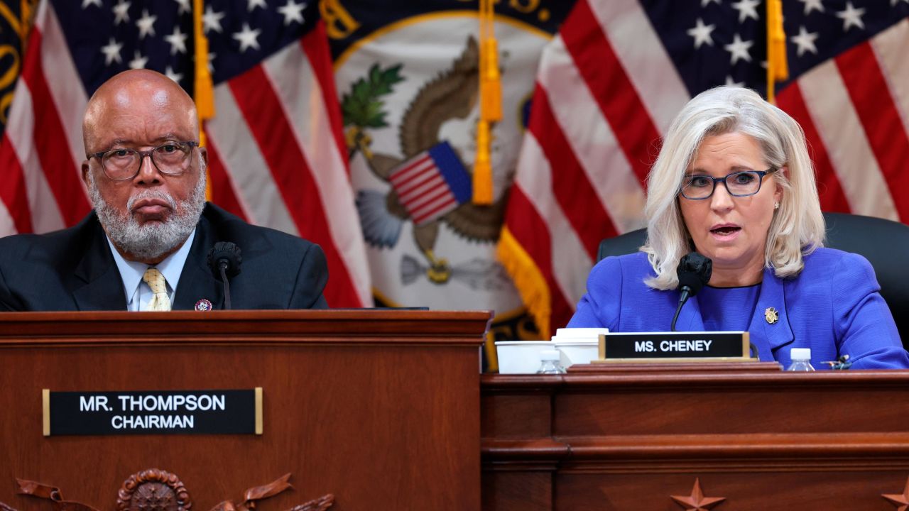 Rep. Bennie Thompson, left, chair of the House select committee, and Vice Chairwoman Rep. Liz Cheney, right, preside over a hearing on the January 6 investigation on June 9, 2022 on Capitol Hill in Washington, DC. 