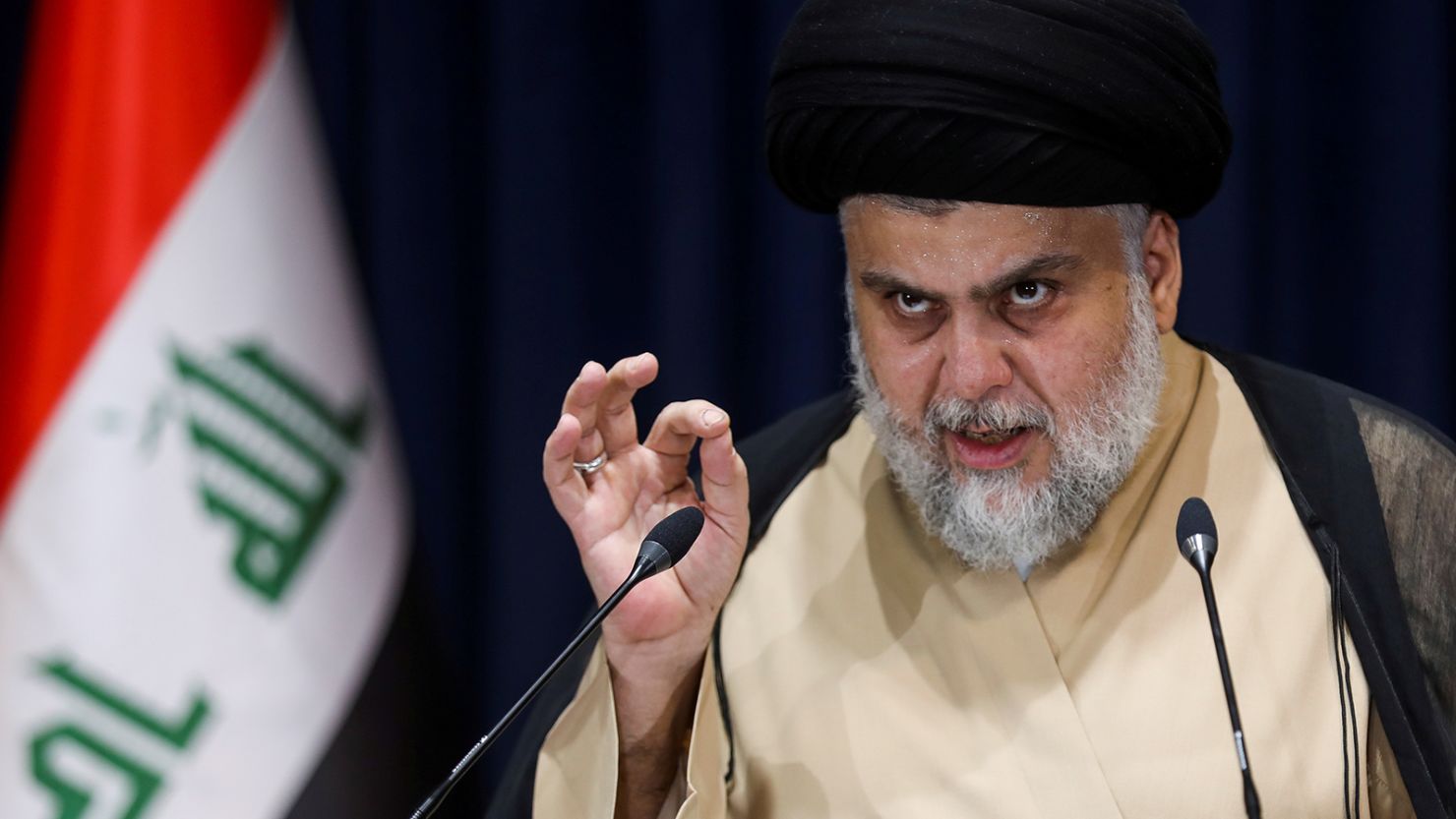 Iraqi Shiite cleric Moqtada al-Sadr speaks after preliminary results of Iraq's parliamentary election were announced in Najaf, Iraq on October 11, 2021. 
