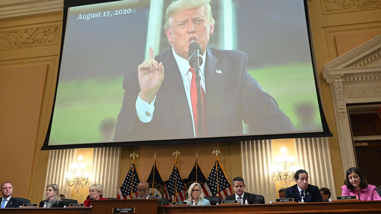 A video image of former President Donald Trump is seen on a screen during a House Select Committee hearing to Investigate the January 6 attack on the US Capitol, in Washington on June 13, 2022. 