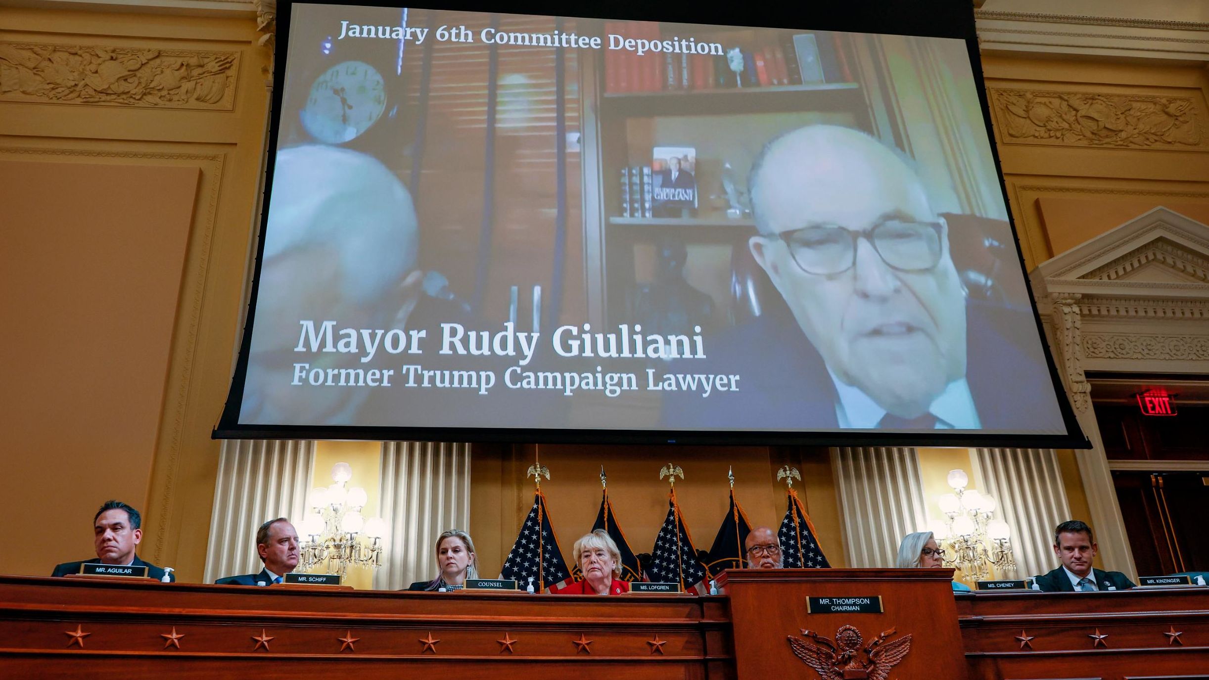 Recorded testimony from former Trump adviser Rudy Giuliani is played during the June 13 hearing. The committee said it had evidence showing how Trump cast aside his legal team after his election loss and replaced them with conspiracy-pushing advisers like Giuliani. "Trump rejected the advice of his campaign experts on election night, and instead followed the course recommended by an apparently inebriated Rudy Giuliani, to just claim that he won," <a href="index.php?page=&url=https%3A%2F%2Fwww.cnn.com%2Fpolitics%2Flive-news%2Fjanuary-6-hearings-june-13%2Fh_46f5ed06ecf282e17c9e79a816f634ae" target="_blank">Cheney said in her opening statement.</a> The panel later played a clip from Trump spokesman Jason Miller, whose said in his deposition that "the mayor was definitely intoxicated" at the White House on election night. Giuliani has denied any wrongdoing related to the efforts to overturn the election.