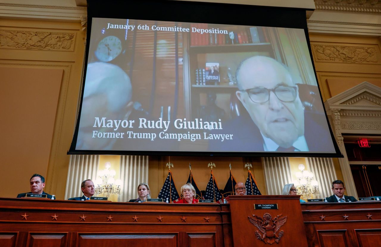 Recorded testimony from former Trump adviser Rudy Giuliani is played during the June 13 hearing. The committee said it had evidence showing how Trump cast aside his legal team after his election loss and replaced them with conspiracy-pushing advisers like Giuliani. "Trump rejected the advice of his campaign experts on election night, and instead followed the course recommended by an apparently inebriated Rudy Giuliani, to just claim that he won," <a href="https://www.cnn.com/politics/live-news/january-6-hearings-june-13/h_46f5ed06ecf282e17c9e79a816f634ae" target="_blank">Cheney said in her opening statement.</a> The panel later played a clip from Trump spokesman Jason Miller, whose said in his deposition that "the mayor was definitely intoxicated" at the White House on election night. Giuliani has denied any wrongdoing related to the efforts to overturn the election.