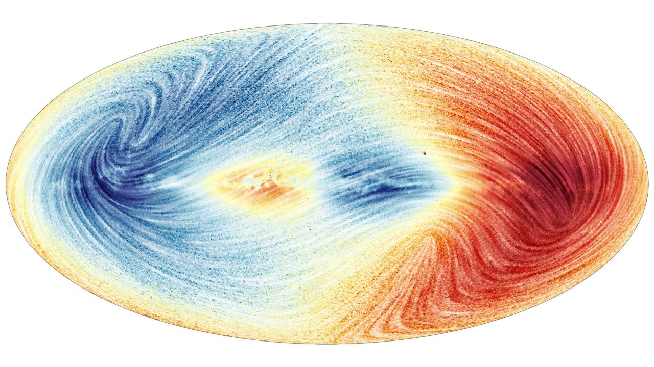 Data from Gaia reveals the speed at which more than 30 million Milky Way stars move toward or away from Earth. Blue shows the parts of the sky where the average motion of stars is toward us and red shows the regions where the average motion is away from us.