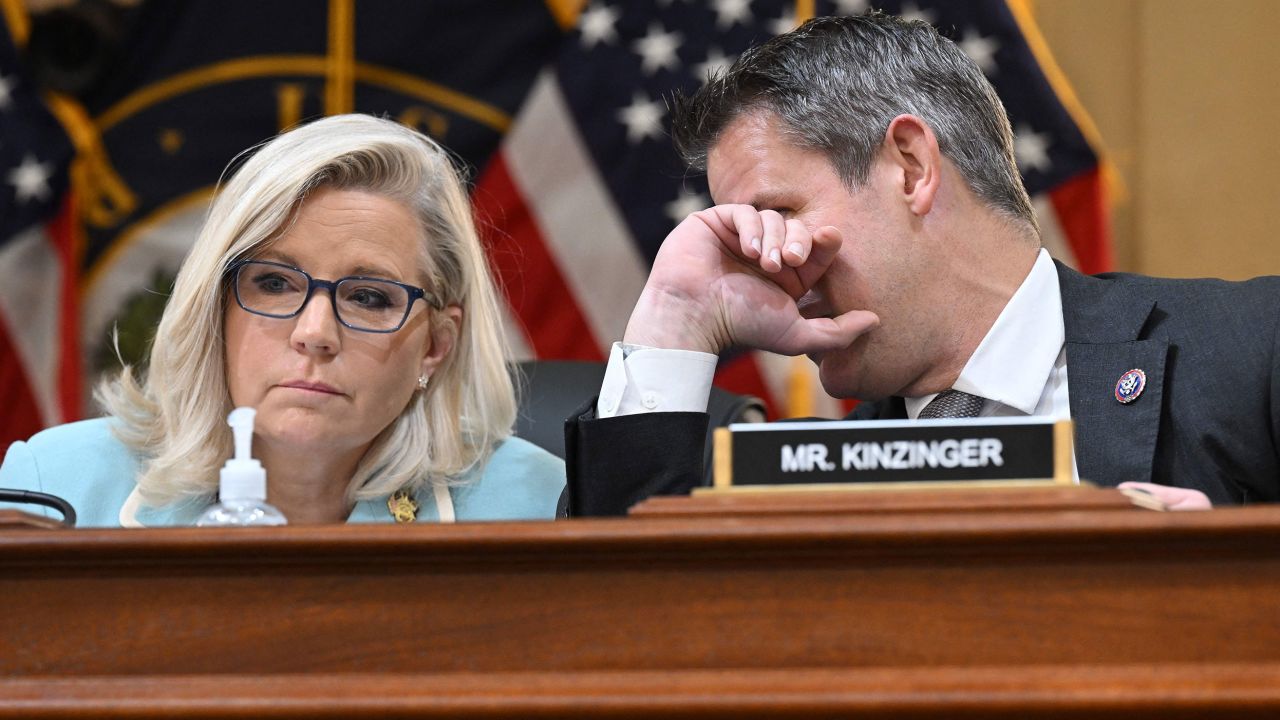 Rep. Liz Cheney (R-WY), Vice Chairwoman of the Select Committee to Investigate the January 6th Attack on the US Capitol, and Rep. Adam Kinzinger (R-IL) take part in a hearing on the January 6th investigation on June 13, 2022.