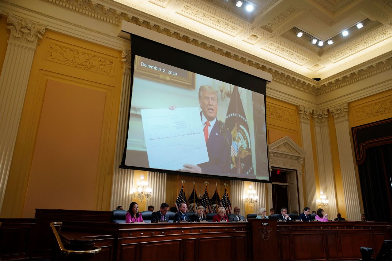 A video of Trump is displayed over the committee during the June 13 hearing.