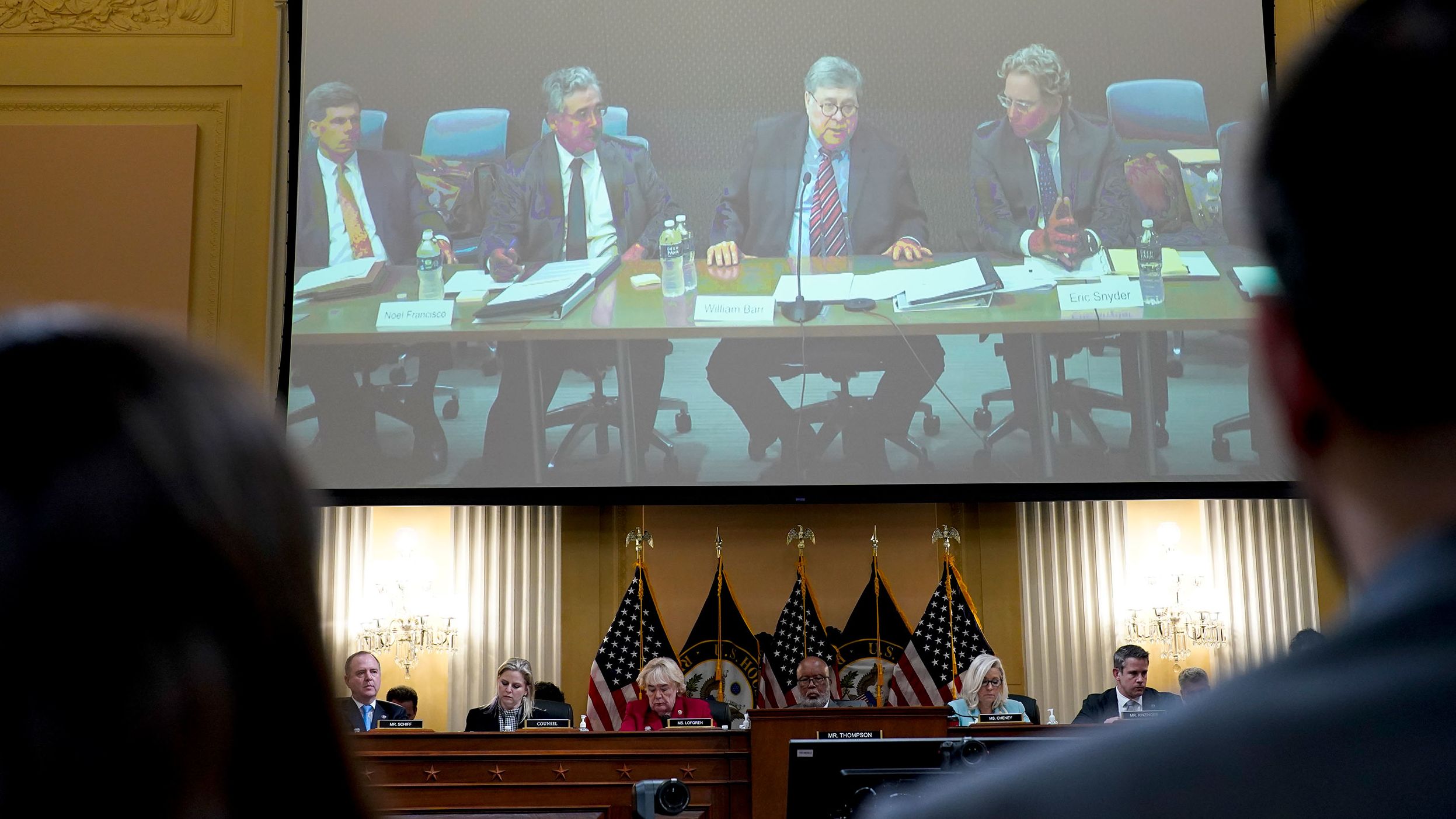 The committee listens to a video clip of former Attorney General Bill Barr during the hearing on June 13. In his closed-door deposition. Barr provided the committee with a <a href="index.php?page=&url=https%3A%2F%2Fwww.cnn.com%2Fpolitics%2Flive-news%2Fjanuary-6-hearings-june-13%2Fh_61142d60da533a455a3058c7f1efb210" target="_blank">detailed, point-by-point rebuttal</a> of Trump's false claims about the 2020 election.