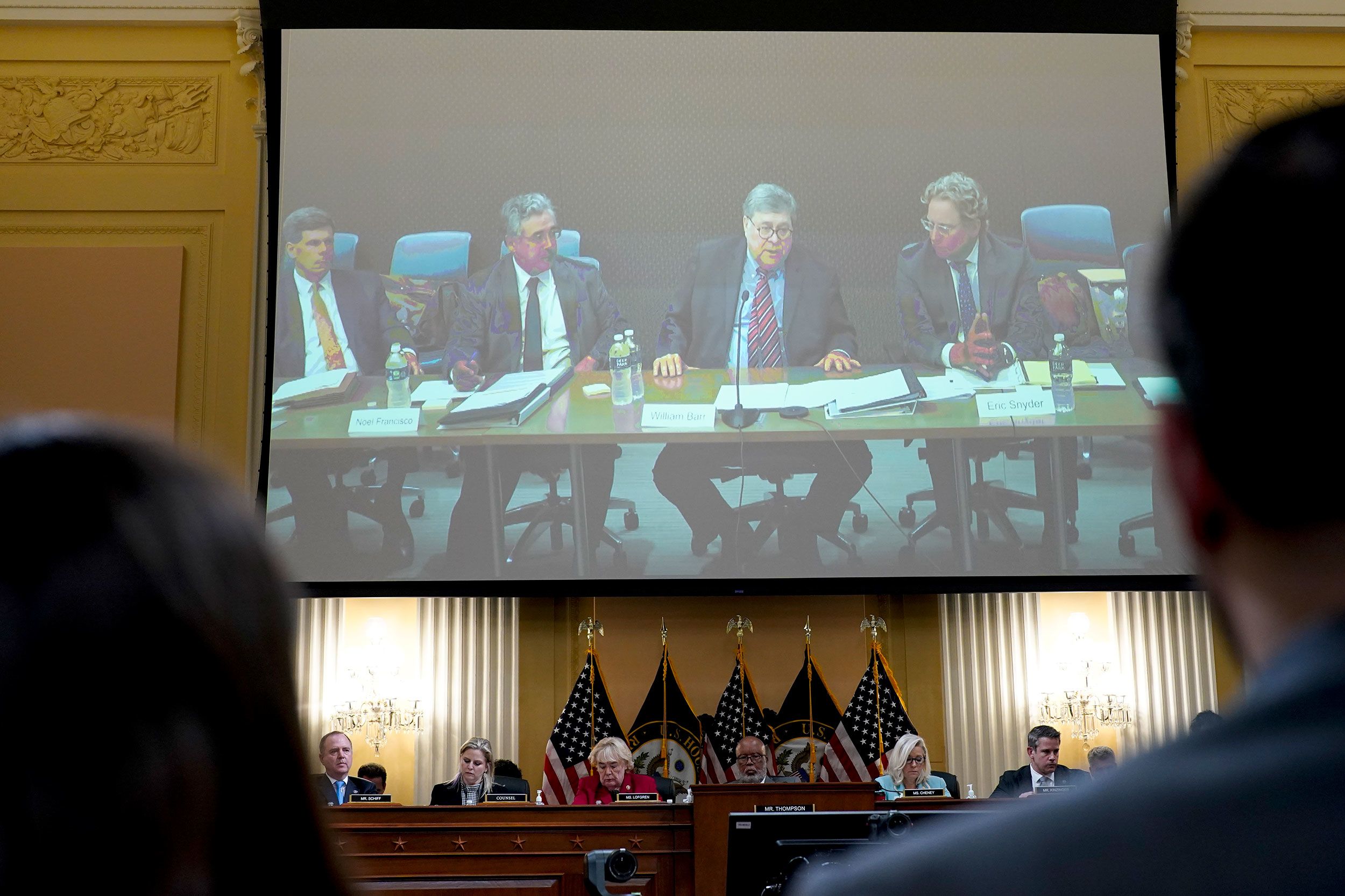 The committee listens to a video clip of former Attorney General Bill Barr during the hearing on June 13. In his closed-door deposition. Barr provided the committee with a <a href="index.php?page=&url=https%3A%2F%2Fwww.cnn.com%2Fpolitics%2Flive-news%2Fjanuary-6-hearings-june-13%2Fh_61142d60da533a455a3058c7f1efb210" target="_blank">detailed, point-by-point rebuttal</a> of Trump's false claims about the 2020 election.