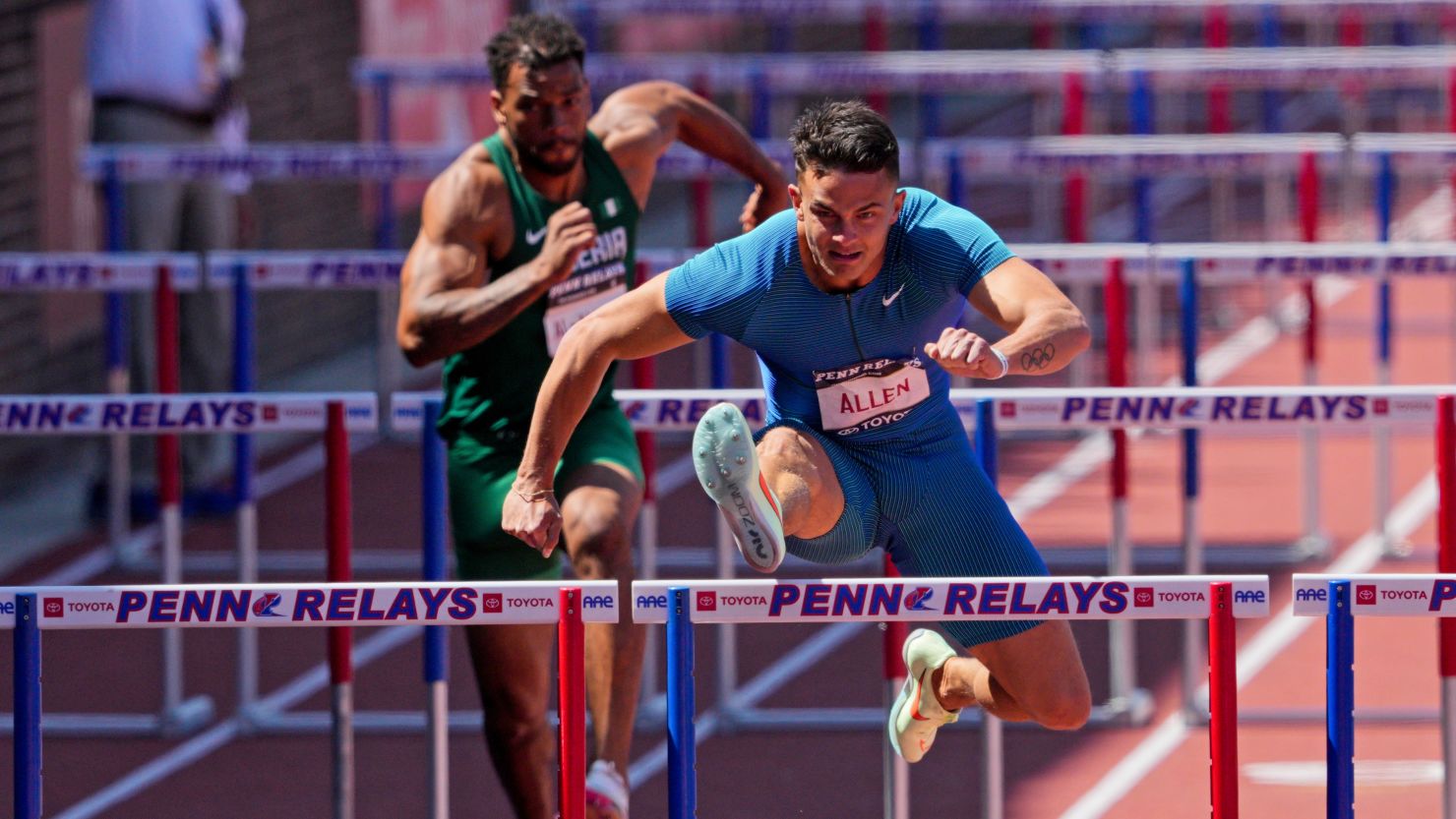 Devon Allen wins the men's 100 Hurdle elite race during the 126th running of the Penn Relays on April 30, 2022.