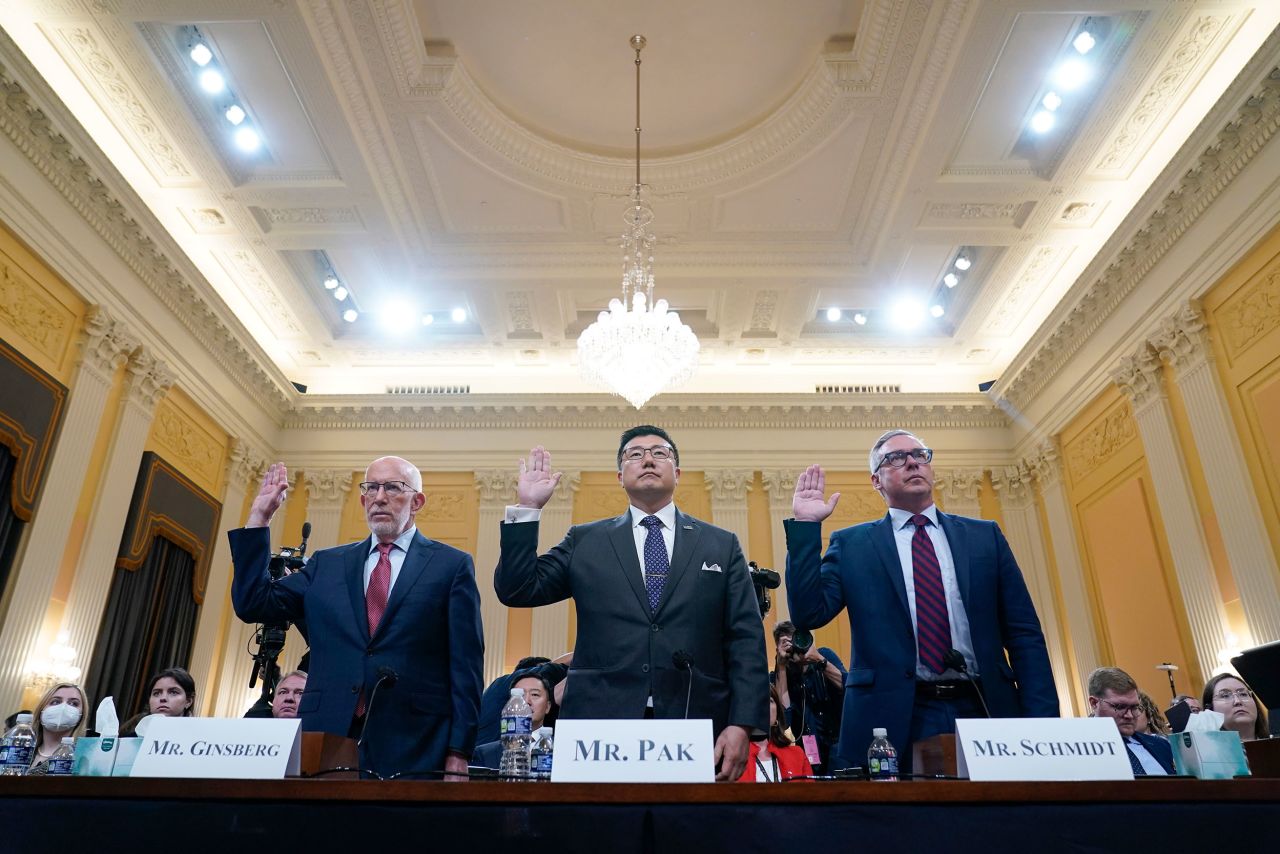From left, conservative election attorney Benjamin Ginsberg, former US attorney BJay Pak and former Philadelphia city commissioner Al Schmidt are sworn in to testify on June 13. They all said it was clear Biden won the 2020 election and that Trump's claims of fraud were not factual.