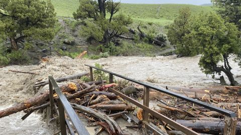 A bridge at Rescue Creek in Yellowstone National Park was washed out by rushing waters.  