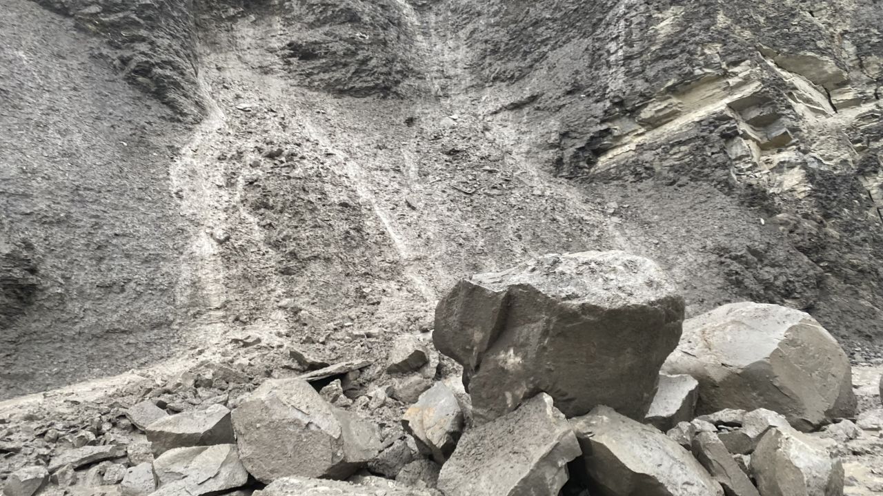 A large rockslide on North Entrance Road in Yellowstone National Park Monday.