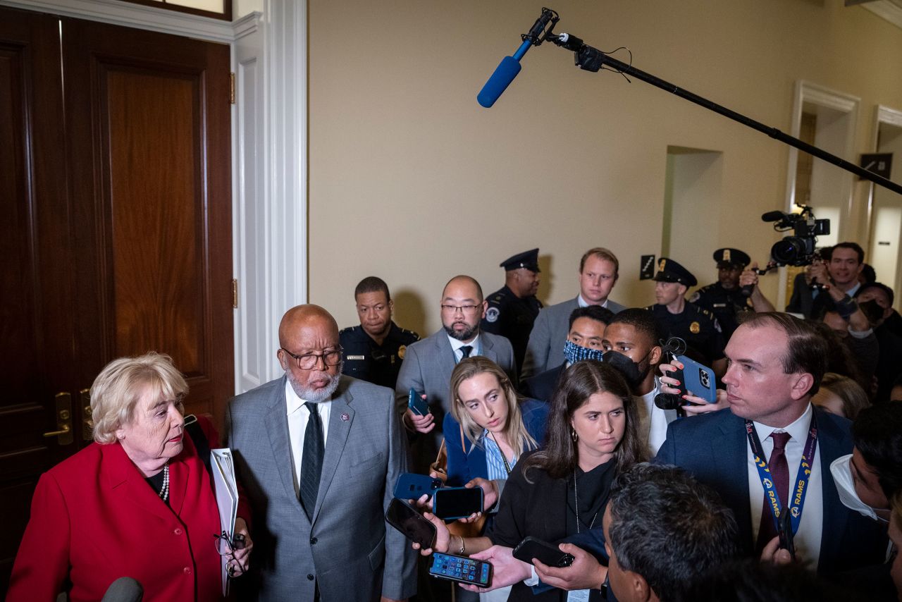 Thompson and Lofgren speak to reporters after the committee's hearing on June 13. They stopped short of saying former President Trump committed crimes, <a href="https://www.cnn.com/politics/live-news/january-6-hearings-june-13/h_2ea46acbfb2c573b4c2fb72236d37f0d" target="_blank">arguing that the Justice Department must make that case.</a>