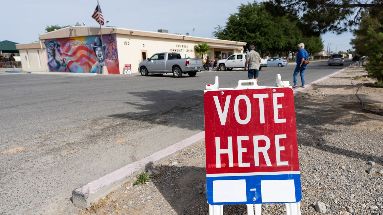 Voters in Nye County arrive on the first day of early voting at the Bob Ruud Community Center in Pahrump, Nevada, on Saturday, May 28, 2022. 