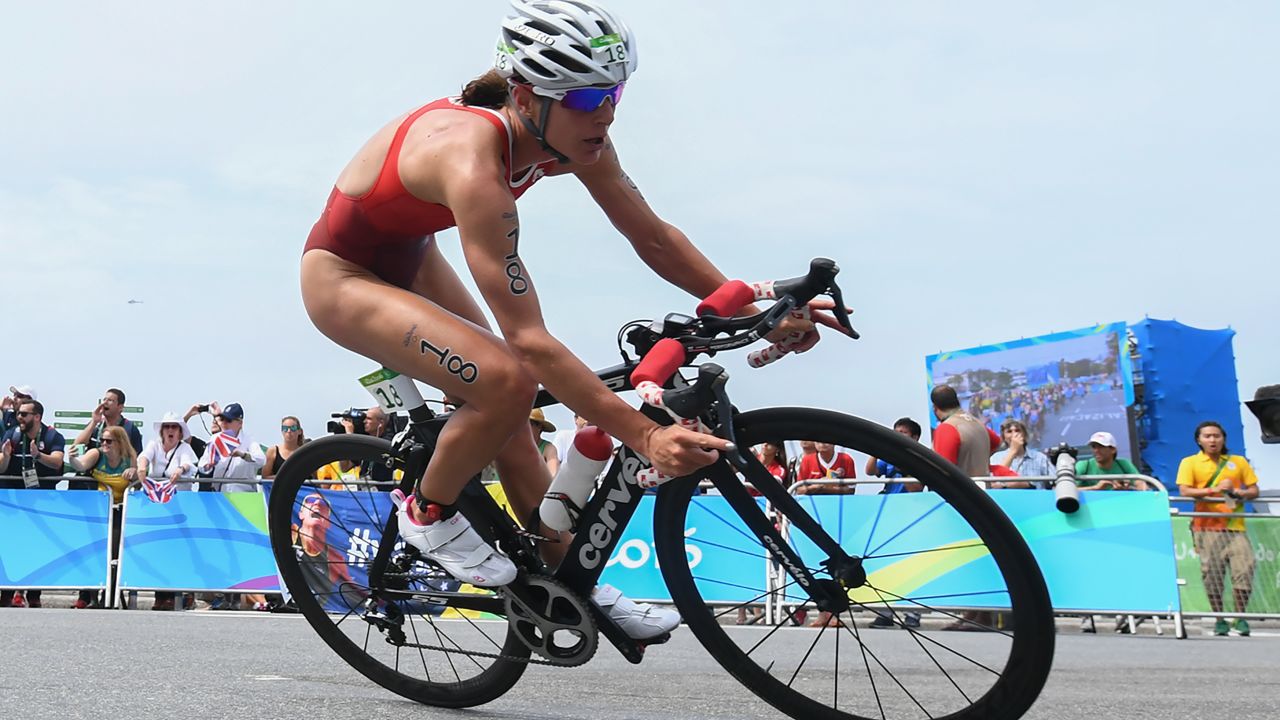 Spirig competes in the women's triathlon at the 2016 Rio Olympics.