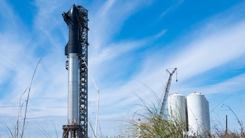 SpaceX's first orbital Starship SN20 is seen near Boca Chica Village in South Texas on February 10, 2022.