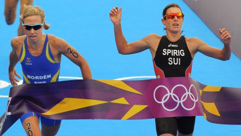 In perhaps the most dramatic finish triathlon has seen, Spirig crosses the marginally line ahead of Lisa Norden in London. 