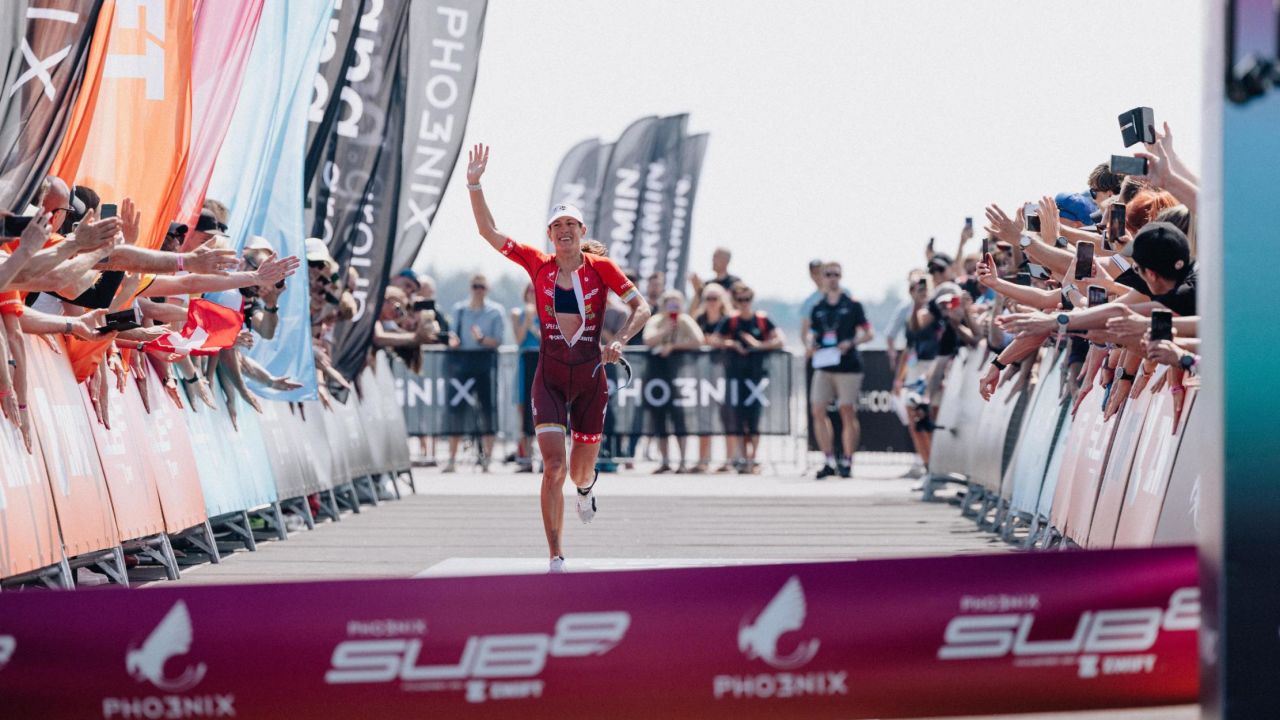 Spirig crosses the finish line in Germany at the end of the Phoenix Sub8 project. 