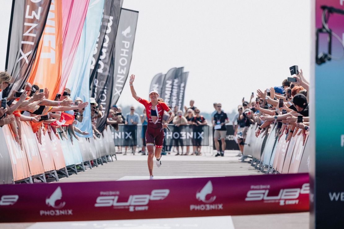 Spirig crosses the finish line in Germany at the end of the Phoenix Sub8 project. 