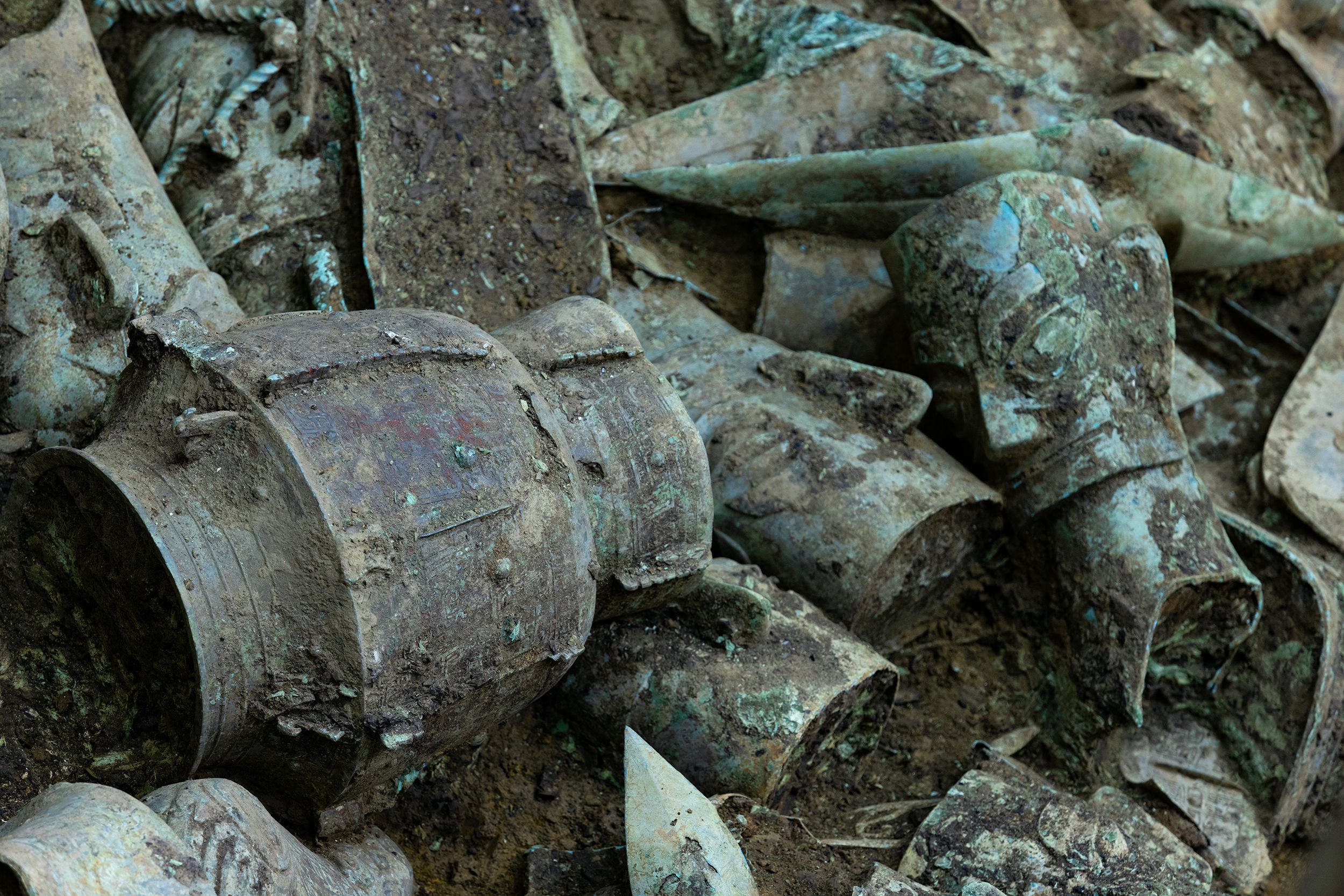 (220613) -- CHENGDU, June 13, 2022 (Xinhua) -- Photo taken on June 1, 2022 shows artifacts excavated from the No.8 sacrificial pit at Sanxingdui Ruins site in southwest China's Sichuan Province. Archaeologists have recently made some stunning discoveries at the famed Sanxingdui Ruins site in southwest China's Sichuan Province.
A treasure trove of exquisite bronze, gold and jade wares, including at least 10 bronzewares unearthed for the first time in the history of human civilization, have been excavated at the site. (Xinhua/Shen Bohan) (Photo by Xinhua/Sipa USA)