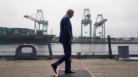 President Joe Biden walks across the deck of the USS Iowa battleship after speaking about inflation and supply chain issues at the Port of Los Angeles, Friday, June 10, 2022, in Los Angeles.