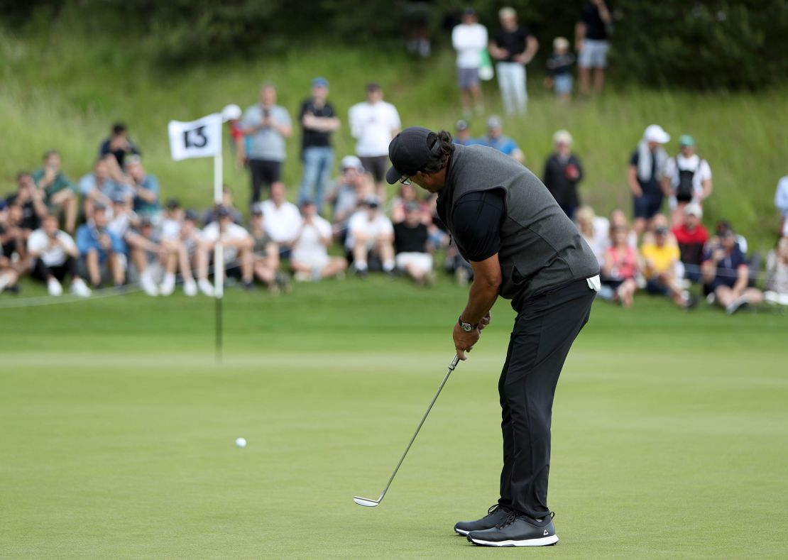 Mickelson putts on the 13th green during day three of the LIV Golf series at the Centurion Club.