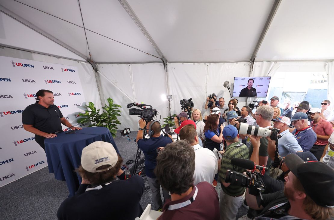 Mickelson speaks to the media during a press conference prior to the 2022 US Open.