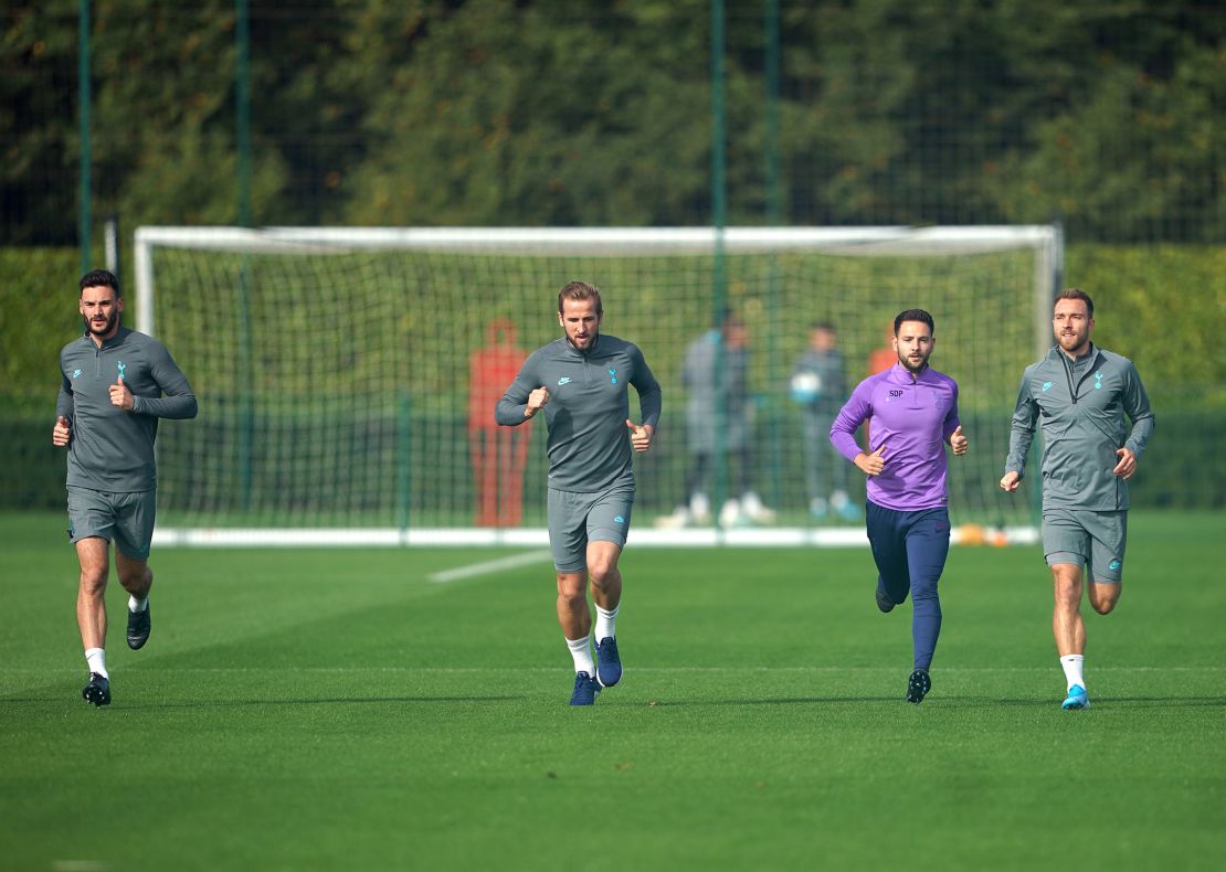 Hugo Lloris (far left), Harry Kane (center left) and Christian Eriksen (far right) during a training session when they were Tottenham teammates. 