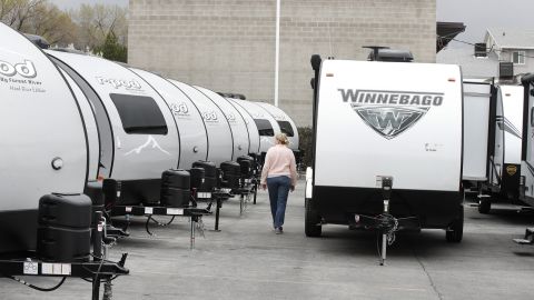 A Winnebago Industries Inc. travel trailer stands at a dealership in Salt Lake City, Utah.