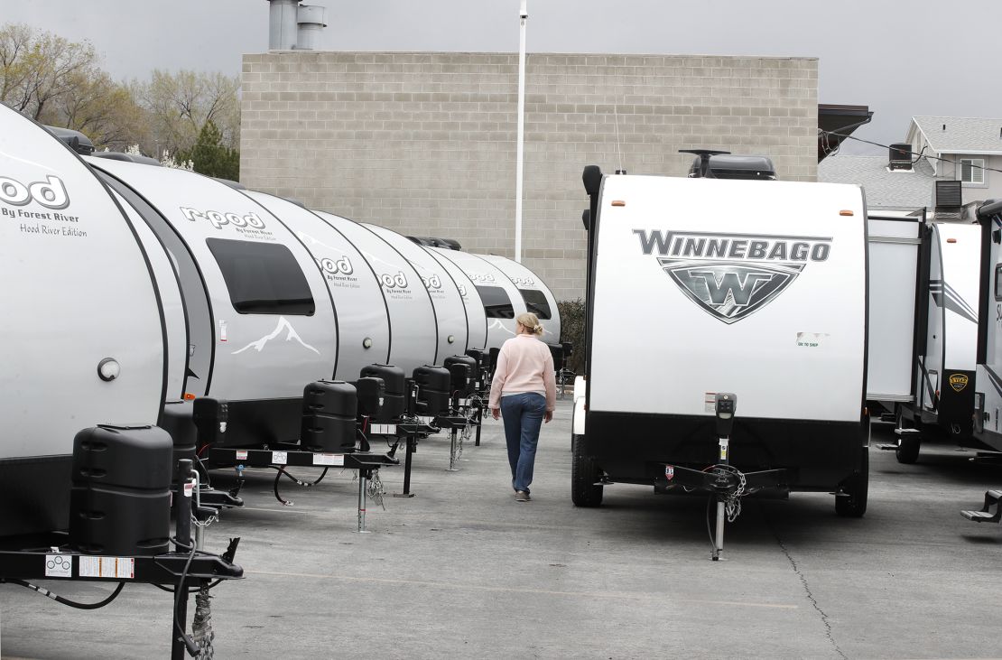A Winnebago Industries Inc. travel trailer stands at a dealership in Salt Lake City, Utah.
