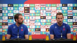 WOLVERHAMPTON, ENGLAND - JUNE 13: England Manager Gareth Southgate and Harry Kane of England speak to the media during a press conference at The Sir Jack Hayward Training Ground on June 13, 2022 in Burton-upon-Trent, England. (Photo by Eddie Keogh - The FA/The FA via Getty Images)