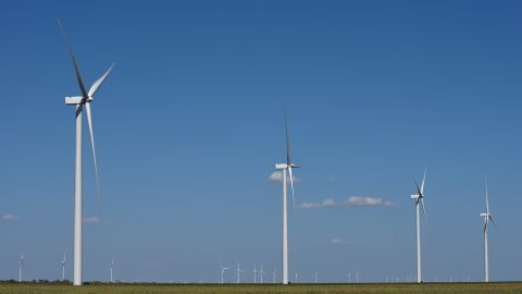 Wind turbines generate power on a farm near Throckmorton, Texas.