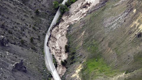 The highway between Gardiner and Mammoth was washed out by rapidly moving floodwaters.