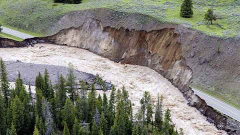 The road near the northern entrance to Yellowstone National Park was severely damaged by the flood.