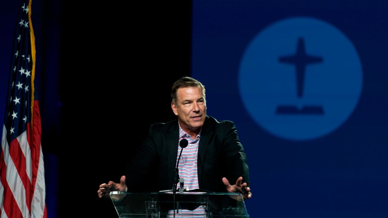 Bruce Frank, a chair of the Southern Baptist Convention's Sexual Abuse Task Force, speaks during its annual meeting Tuesday in Anaheim, California. 