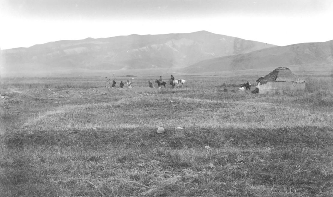 The original excavation of the Kara-Djigach graveyard near Lake Issyk-Kul in Kyrgyzstan is shown.  