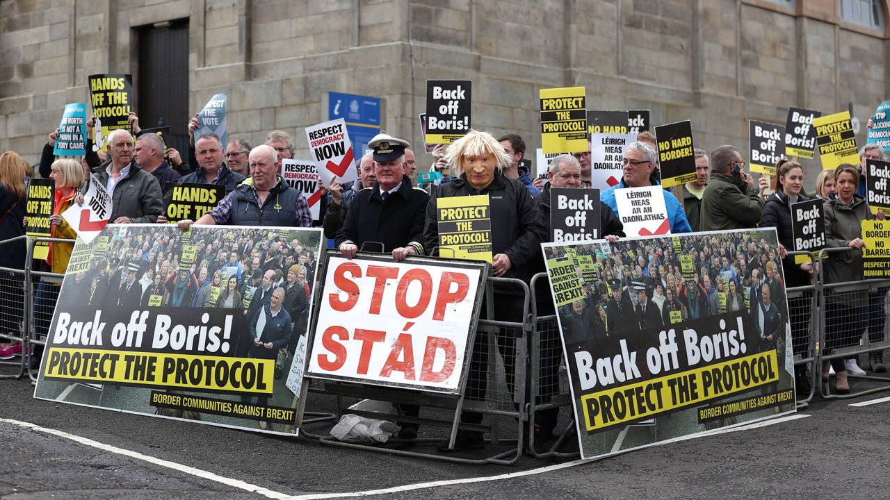 Campaigners from Border Communities Against Brexit protest outside Hillsborough Castle during a visit by Prime Minister Boris Johnson to Northern Ireland.