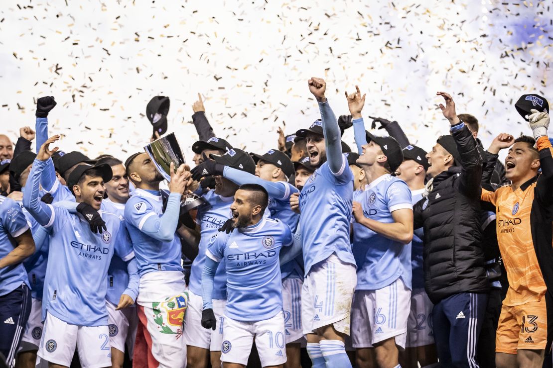 New York City FC players celebrate after winning the 2021 Audi MLS Cup Eastern Conference Final match against the Philadelphia Union 