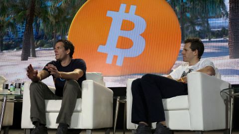Tyler Winklevoss (left) and Cameron Winklevoss, founders of cryptocurrency exchange Gemini Trust Co., attend the Bitcoin 2021 Convention cryptocurrency conference at the Mana Convention Center in Miami, Florida on June 4, 2021. 