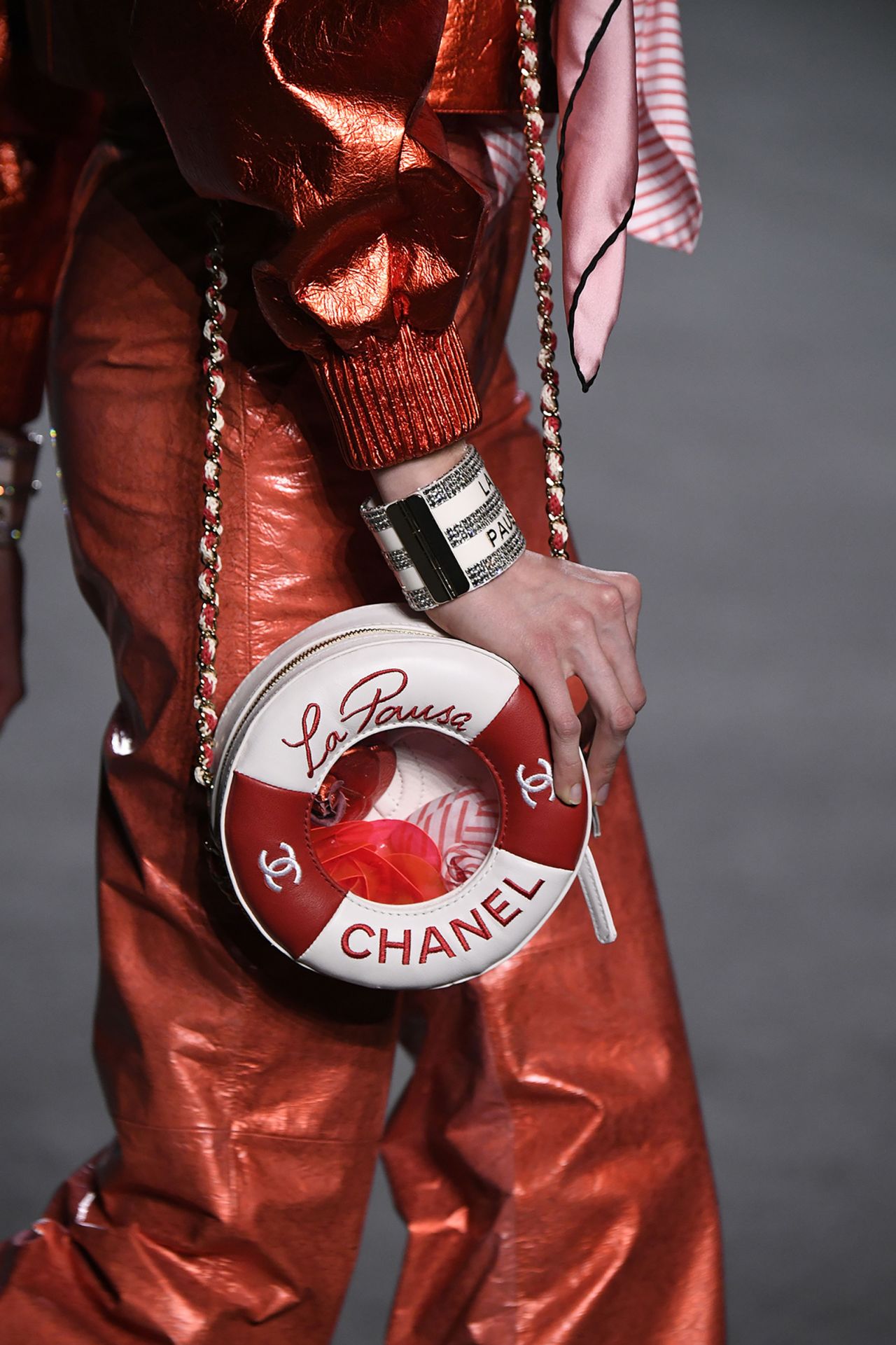 A model walks the Chanel Cruise runway on May 3, 2018 in Paris, France sporting this nautical-inspired accessory.
