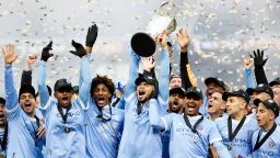 PORTLAND, OREGON - DECEMBER 11: Members of New York City celebrate after defeating the Portland Timbers to win the MLS Cup at Providence Park on December 11, 2021 in Portland, Oregon. (Photo by Steph Chambers/Getty Images)