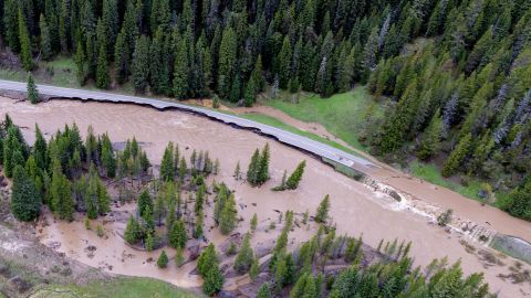 A North Entrance road in Yellowstone National Park was flooded with water.