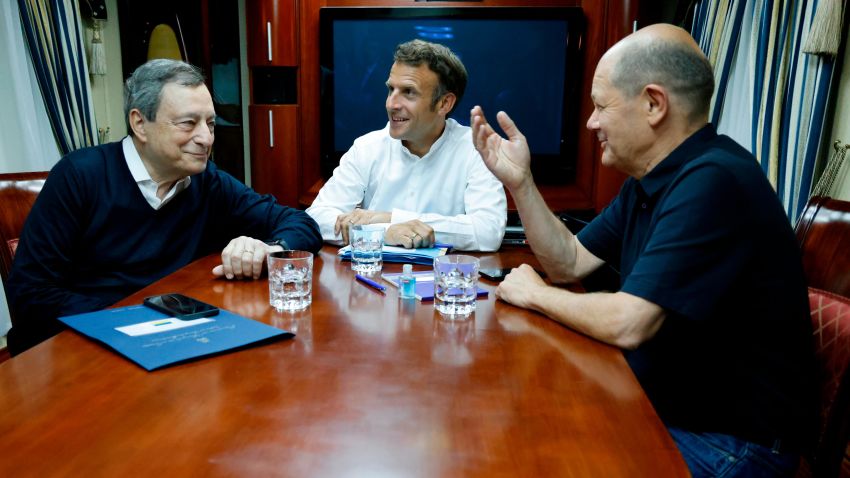 French President Emmanuel Macron, center, German Chancellor Olaf Scholz, right, and Italian Prime Minister Mario Draghi travel on board a train bound to Kyiv after departing from Poland Thursday, June 16, 2022. The Europeans leaders are expected to meet with Ukraine's President Volodymyr Zelenskyy as they prepare for a key European Union leaders' summit in Brussels next week and a June 29-30 NATO summit in Madrid.(Ludovic Marin, Pool via AP)