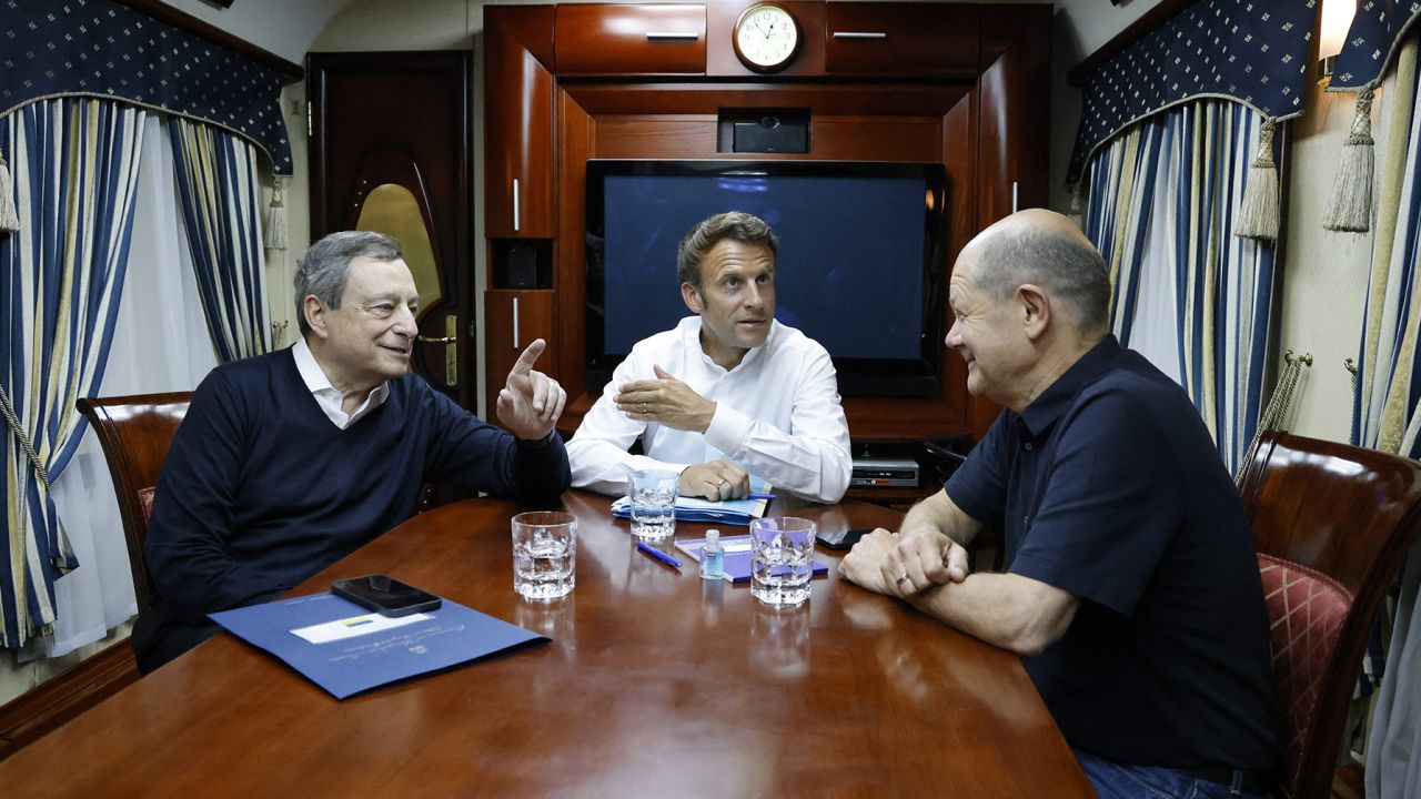 From left, Italian Prime Minister Mario Draghi, French President Emmanuel Macron and German Chancellor Olaf Scholz travel to Kyiv after departing from Poland on June 16, 2022.