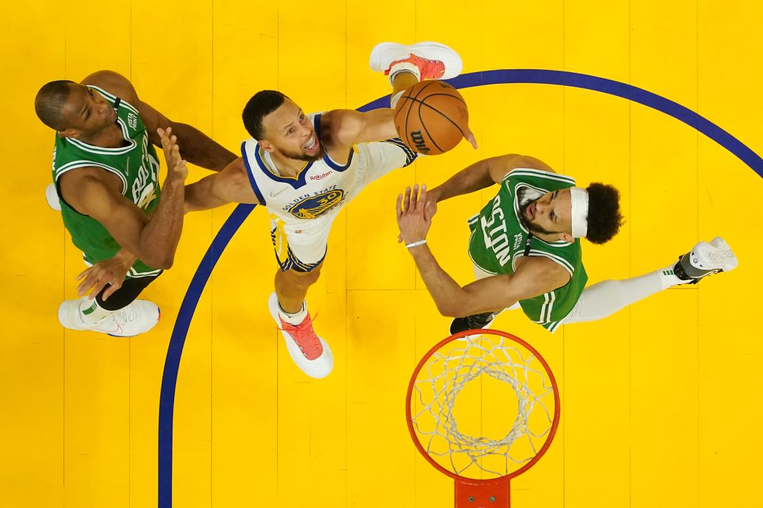 Curry shoots during the first half of Game 2 against the Boston Celtics.