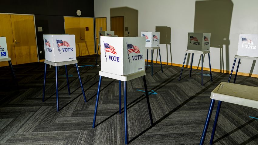 Voting booths are ready at the Ames Public Library on primary Election Day in Ames, Iowa on June 7, 2022. Iowa is one of seven states holding primaries today.