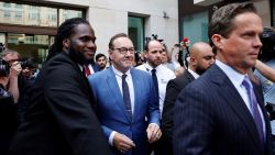 US actor Kevin Spacey leaves the Westminster Magistrates' Court, in London after attending the opening of his trial, on June 16, 2022 in order to face charges of four counts of sexual assault. - Hollywood actor Kevin Spacey "strenuously denies" claims that he sexually assaulted three men, his lawyer said as the actor appeared in a London court to face charges. Spacey, 62, smiled but made no comment to a scrum of waiting reporters, photographers and television cameras as he arrived and left Westminster Magistrates Court in bright sunshine. (Photo by CARLOS JASSO / AFP) (Photo by CARLOS JASSO/AFP via Getty Images)