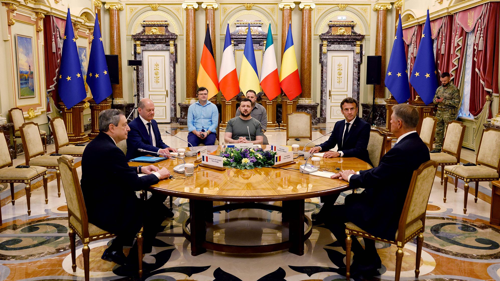 (From left) Italian Prime Minister Mario Draghi, German Chancellor Olaf Scholz, Ukrainian President Volodymyr Zelensky, French President Emmanuel Macron and Romanian President Klaus Iohannis meet for a working session in Mariinsky Palace in Kyiv on June 16, 2022. 
