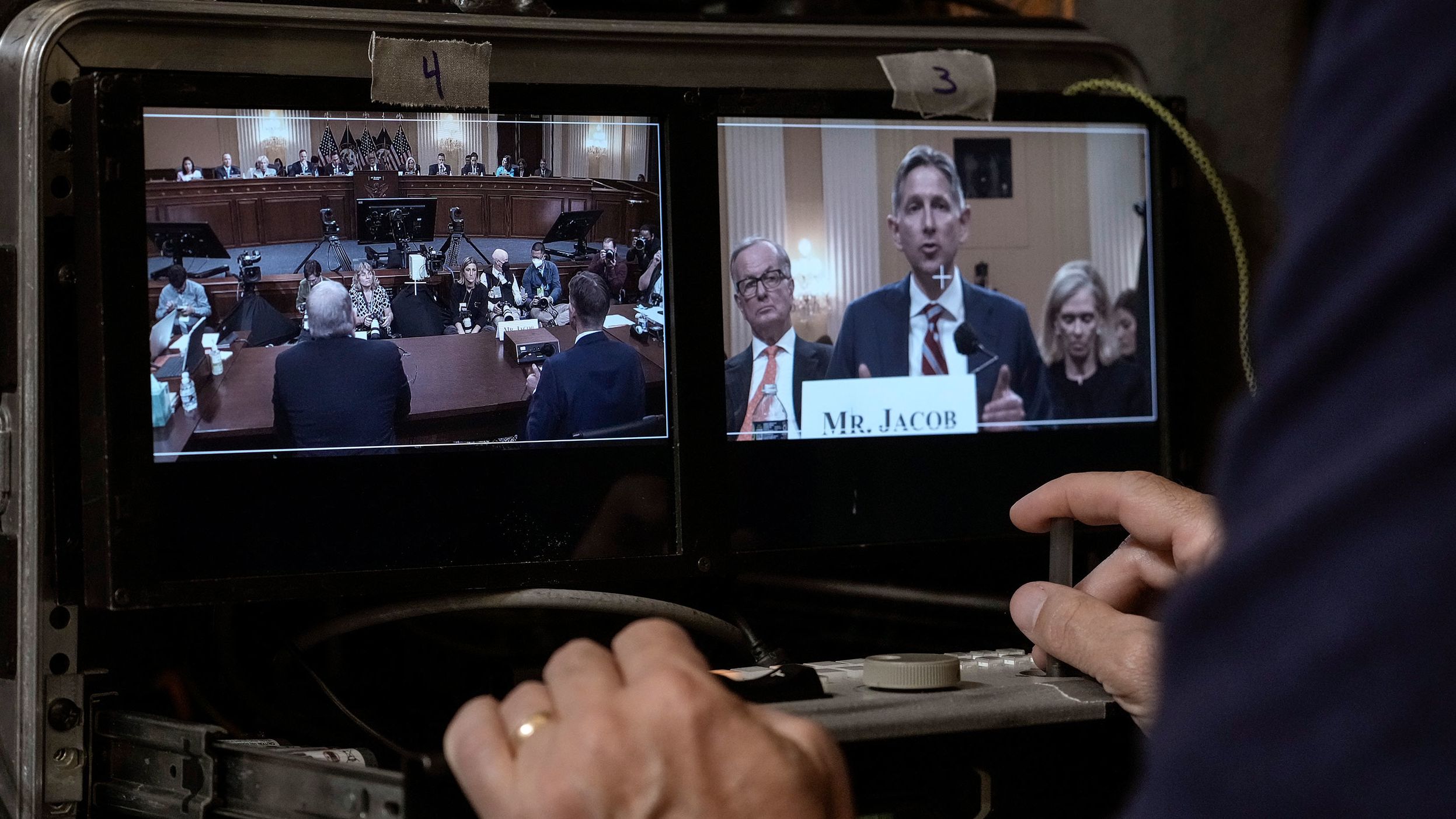 Testimony from Greg Jacob, former counsel to Pence, is seen on a screen as he speaks on June 16. <a href="index.php?page=&url=https%3A%2F%2Fwww.cnn.com%2Fpolitics%2Flive-news%2Fjanuary-6-hearings-june-16%2Fh_322fb3374952511929590b31b79edbd0" target="_blank">Jacob told the committee</a> that Pence's legal team reviewed every election in American history as they examined whether a sitting vice president had the authority to reject Electoral College votes. "No vice president in 230 years of history had ever claimed to have that kind of authority," Jacob said.