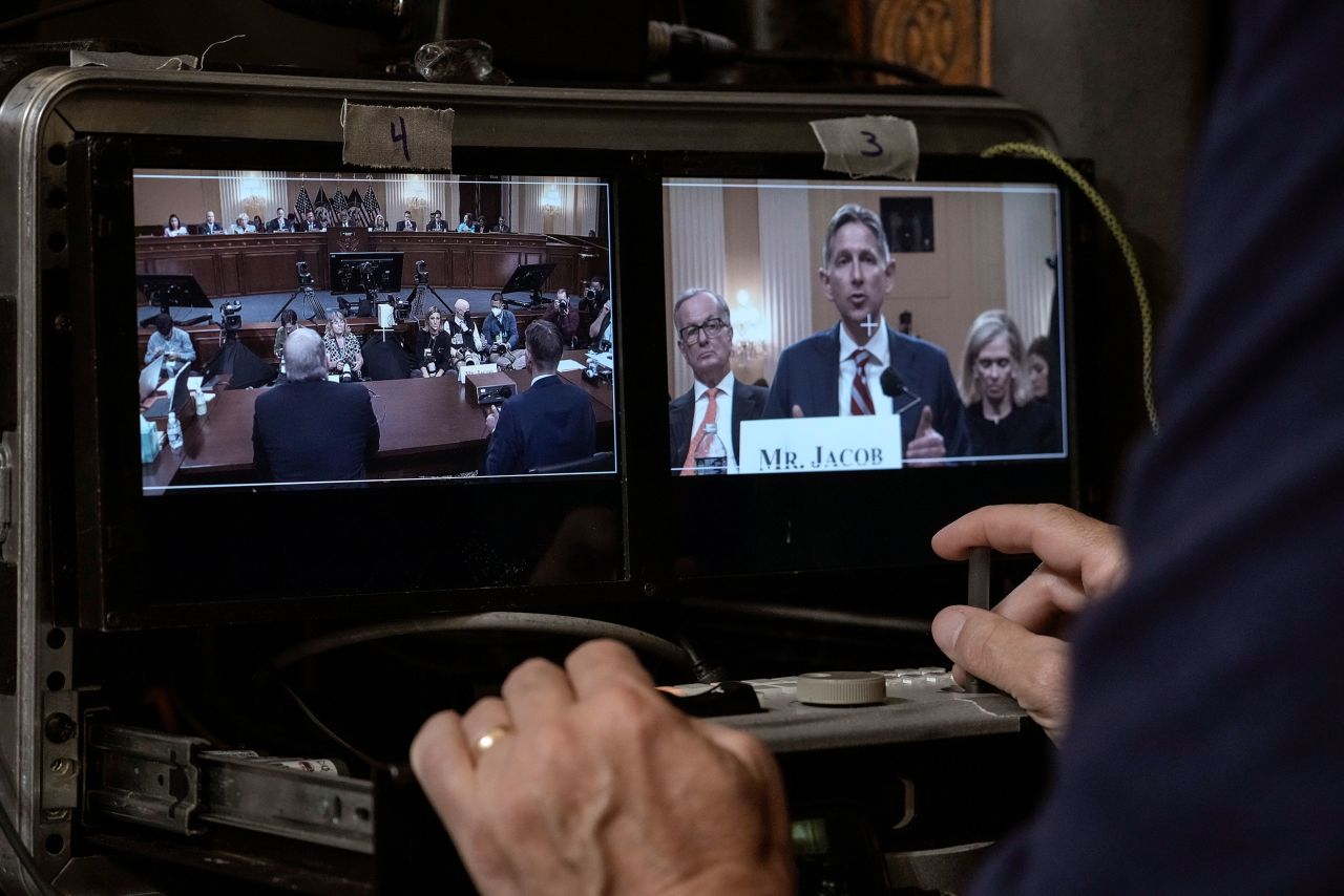 Testimony from Greg Jacob, former counsel to Pence, is seen on a screen as he speaks on June 16. <a href="https://www.cnn.com/politics/live-news/january-6-hearings-june-16/h_322fb3374952511929590b31b79edbd0" target="_blank">Jacob told the committee</a> that Pence's legal team reviewed every election in American history as they examined whether a sitting vice president had the authority to reject Electoral College votes. "No vice president in 230 years of history had ever claimed to have that kind of authority," Jacob said.