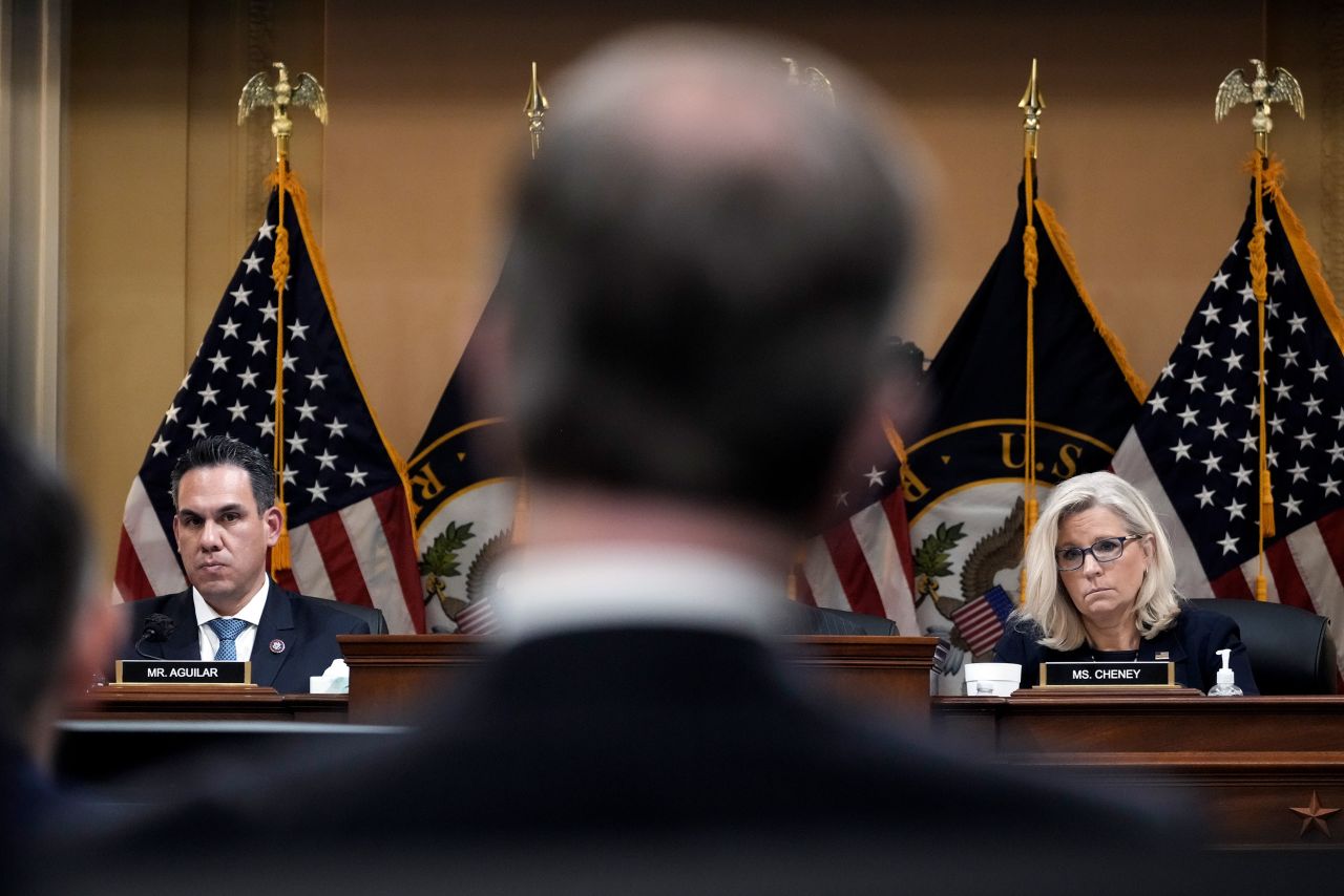 US Reps. Cheney and Pete Aguilar listen to testimony on June 16. Much of Thursday's presentation <a href="https://www.cnn.com/politics/live-news/january-6-hearings-june-16/h_668491f6b2d942e648e4c057fed586fa" target="_blank">was led by Aguilar,</a> a Democrat from Southern California.